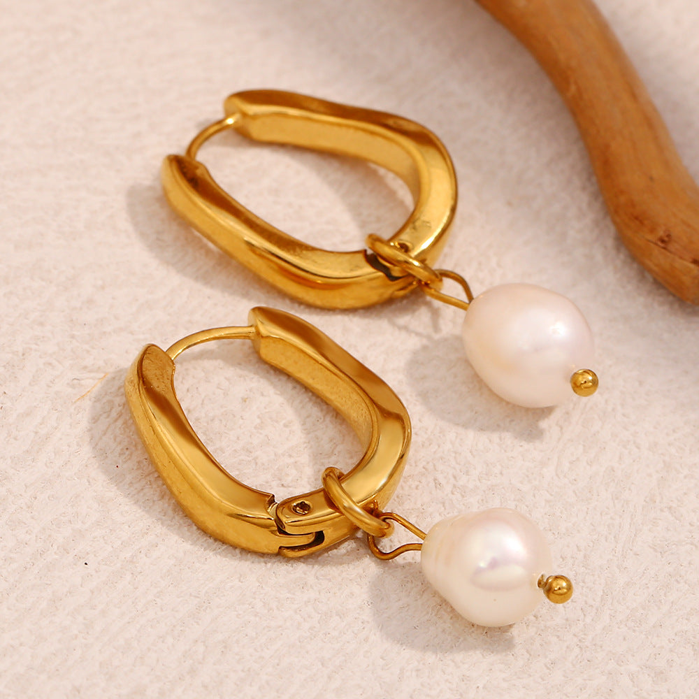 Minimalist Geometric Stainless Steel Ear Hooks with 18K Gold Plating and Irregular U-Shaped Pearl Accents for Women