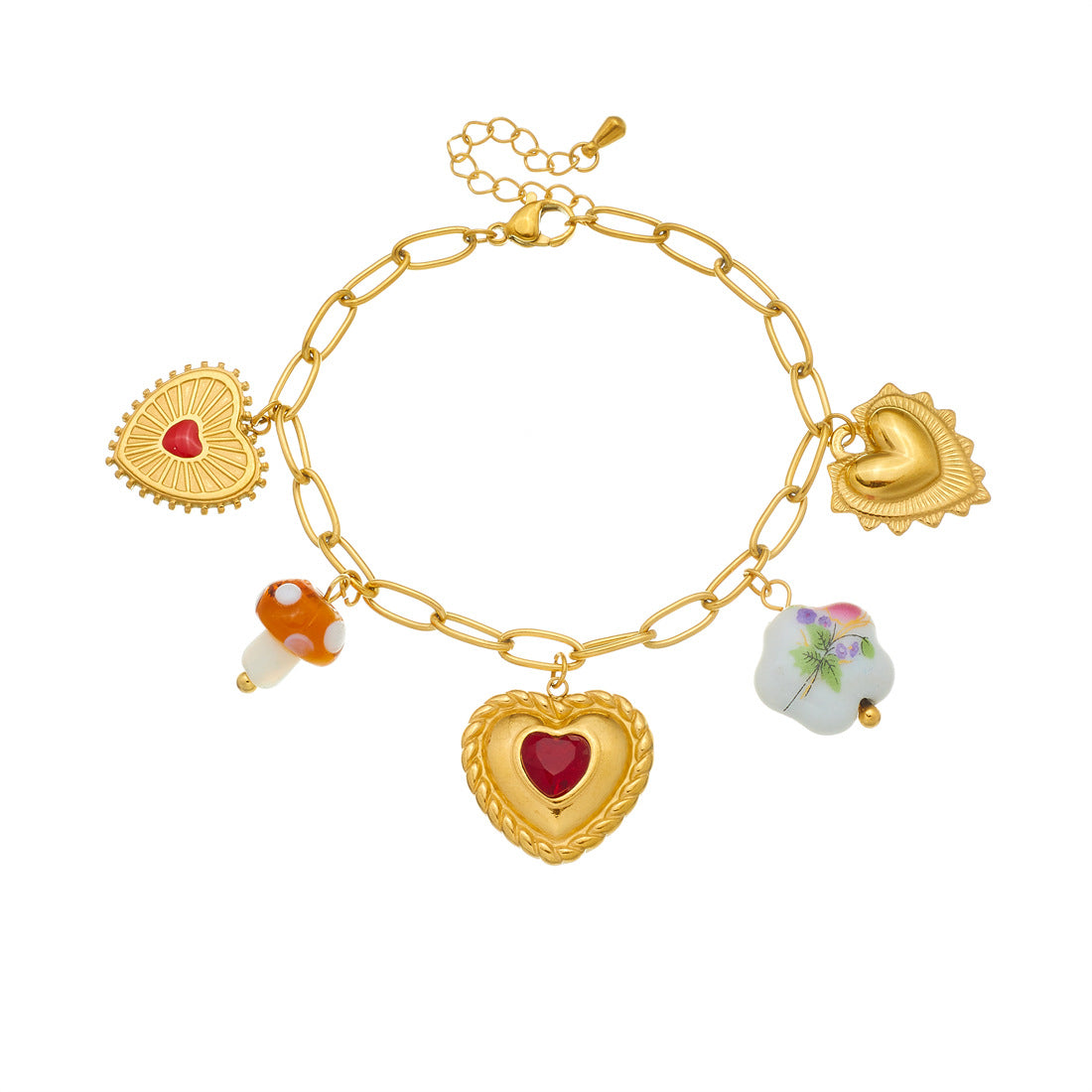 Elegant Gold Plated Rhinestone Inlaid Heart Mushroom Ceramic Pendant Stainless Steel Cable Chain Necklace Set for Women