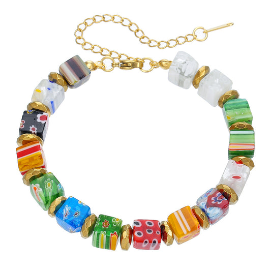 Handmade Murano Millefiori Glass Bead Charm Bar Bracelet Round Geometric Unisex Fashion Jewelry