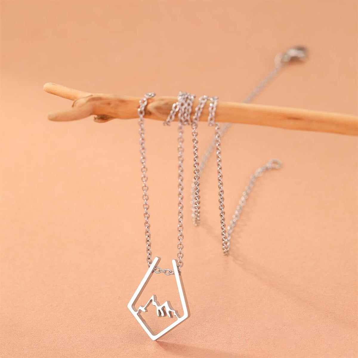 Natural Style Geometric Hollow Mountain Silhouette Pendant Necklace in Titanium Steel with Plated Finish on Pearl Chain for Everyday Wear and Holiday Gifting