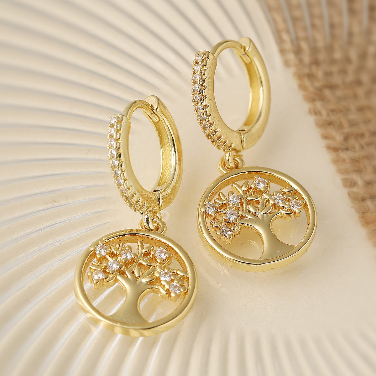 Minimalist Geometric Tree-Shaped Copper Earrings with 18K Gold Plating and Zircon Accents for Women
