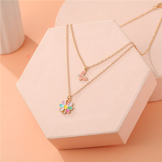 Cartoon Sunflower Pendant Necklace for Kids Alloy Butterfly Multi-Layer Necklace with Enamel Finish and Cross Chain