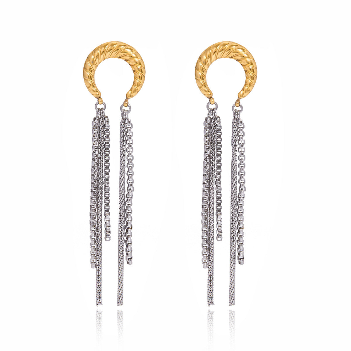 Orecchini Pendenti da Donna Eleganti a Mezzaluna in Acciaio Inossidabile con Dettaglio a Frange, Design Geometrico, Finitura Placcata