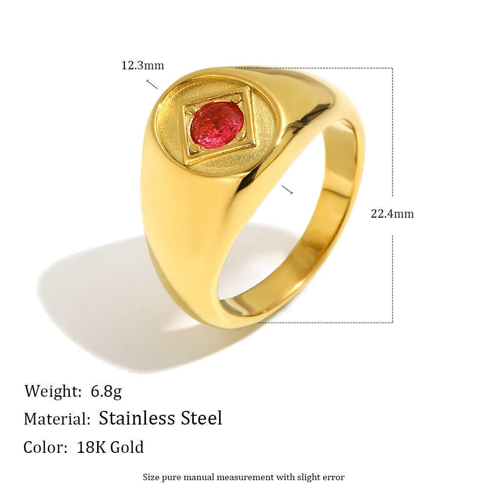 Vintage 18K Gold Plated Geometric Round Stainless Steel Ring with Red Rhinestone for Women