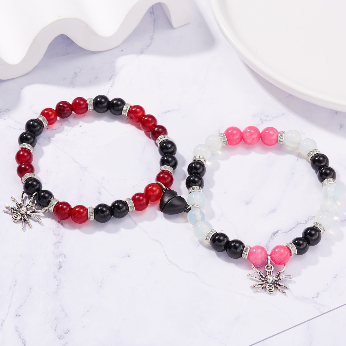 Halloween Spider Heart Geometric Magnetic Elastic Beaded Bracelet for Couples