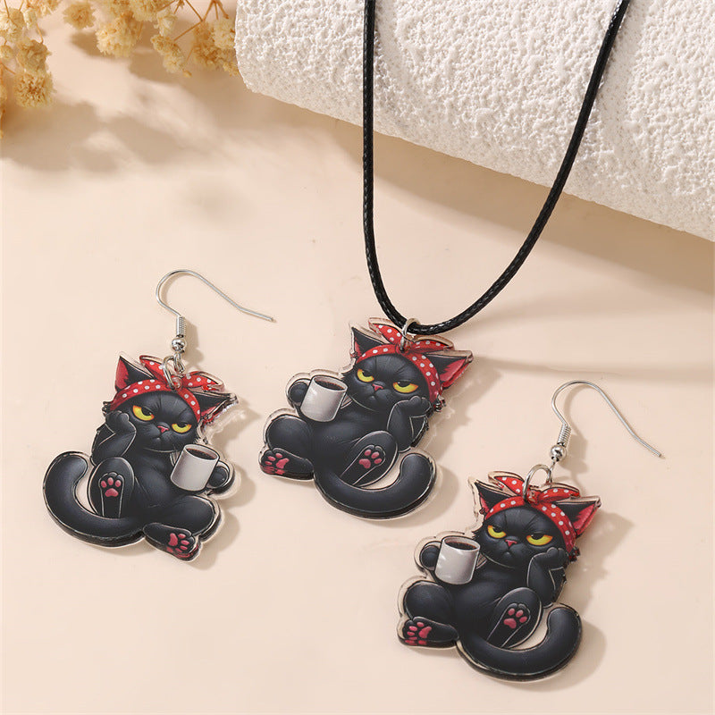 Set di collane con ciondolo a forma di gatto di Halloween per ragazze con design a fiocco, materiale in resina, finitura smaltata, catena a sfere, gioielli per le feste dei bambini