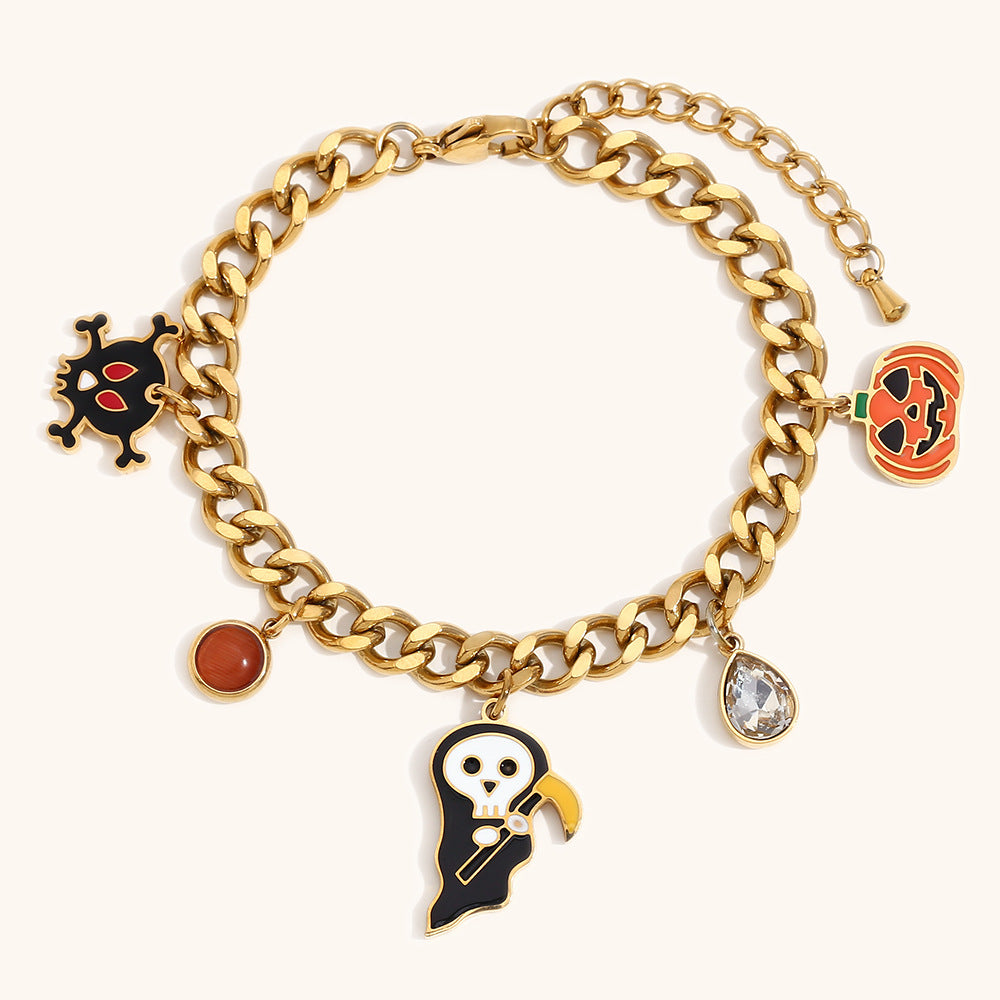 Cute Halloween-Themed Cartoon Pumpkin Pendant Stainless Steel Cuban Bracelet with 18K Gold Plating for Women