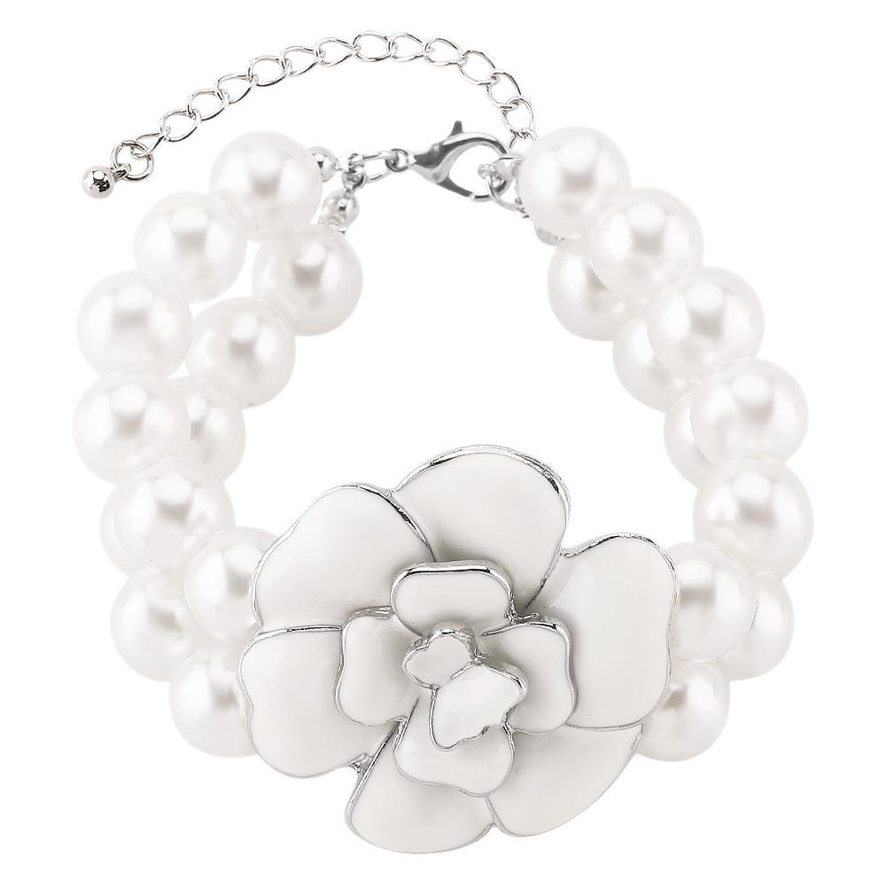 Retro French Style Camellia-Shaped Handcrafted Enamel Alloy Bracelet and Necklace Set for Women with Pearl Chain