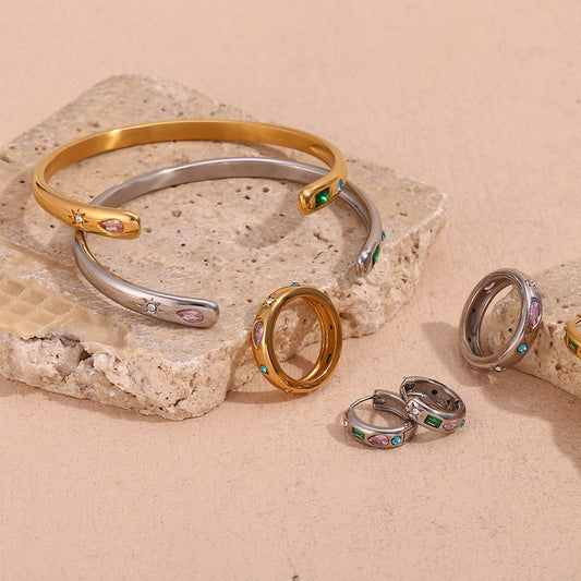 Anillo Minimalista de Acero Inoxidable con Chapado en Oro de 18K, Banda Abierta en Forma de Estrella, Incrustaciones de Circonita en Forma de Lágrima y Rectangular, Diseño Geométrico para Mujer
