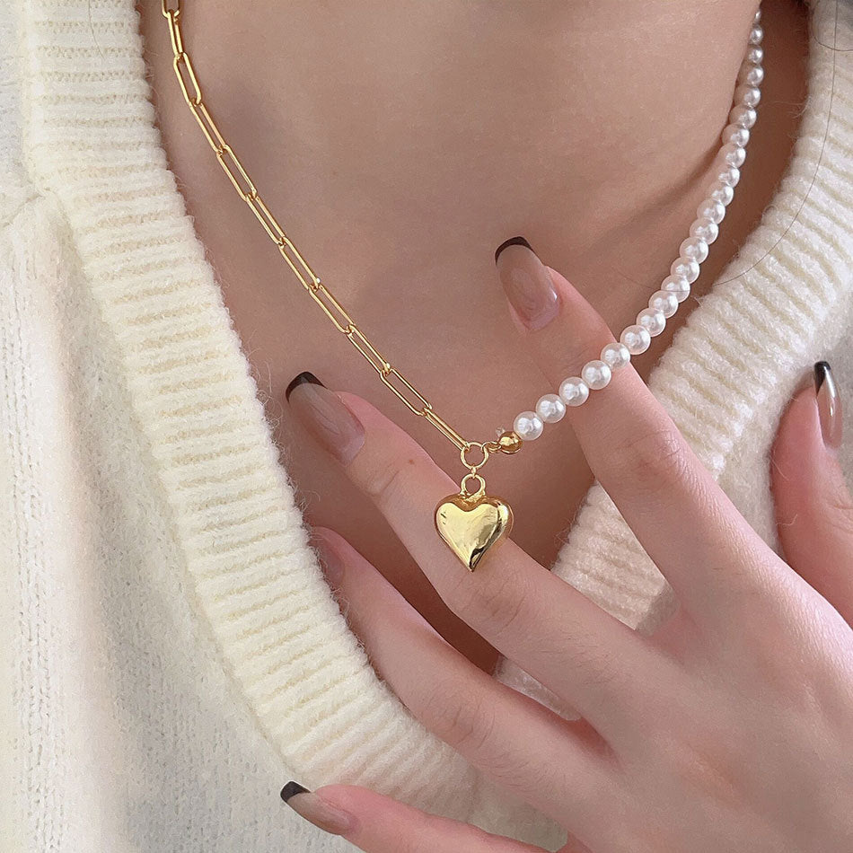 Sweet 925 Sterling Silver Heart Necklace with Crystal and Pearl Inlay for Women