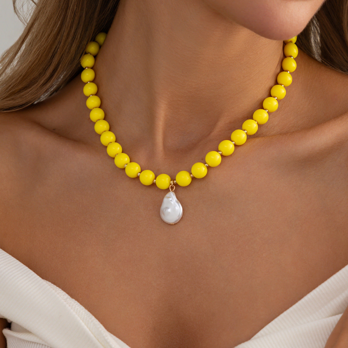 Vintage Geometric Acrylic Beaded Necklace with Baroque Pearl Pendant for Women