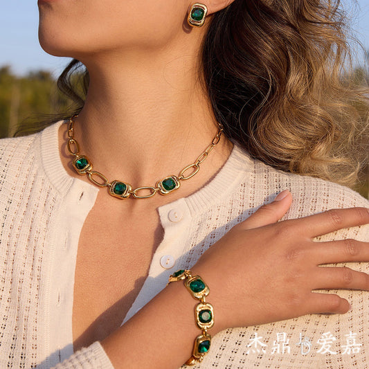 Minimalist Green Glass Square Geometric Titanium Steel Plated Necklace Bracelet Earrings Set for Women