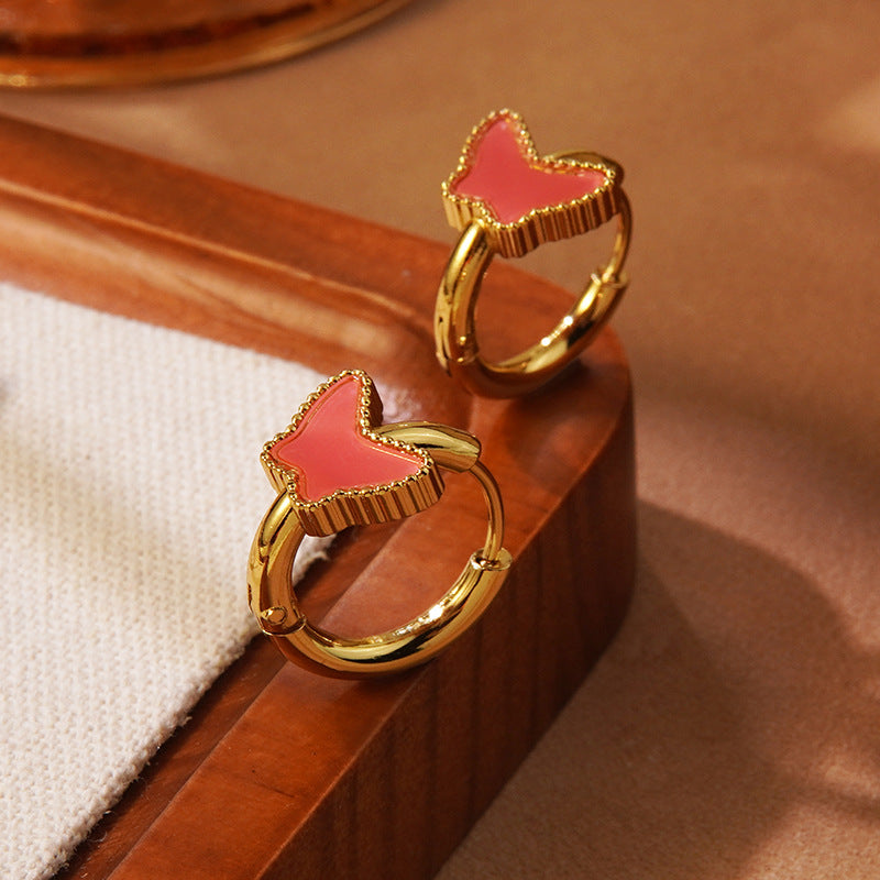 Sweet Butterfly Geometric Plated Stainless Steel Hoop Earrings for Women