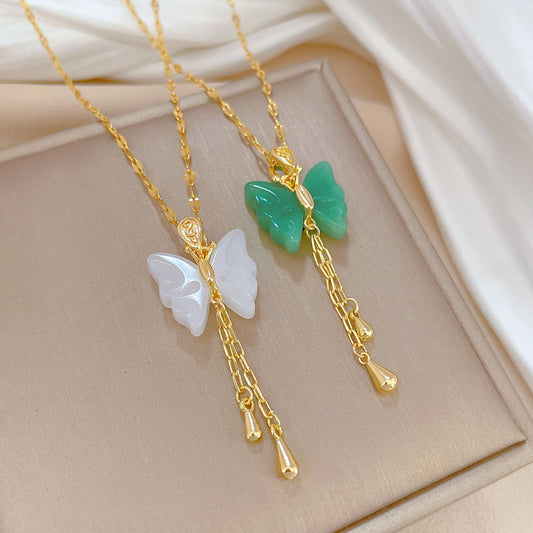 Natural Style Butterfly Pendant Necklace in Titanium Steel with Rhinestone Inlay for Women