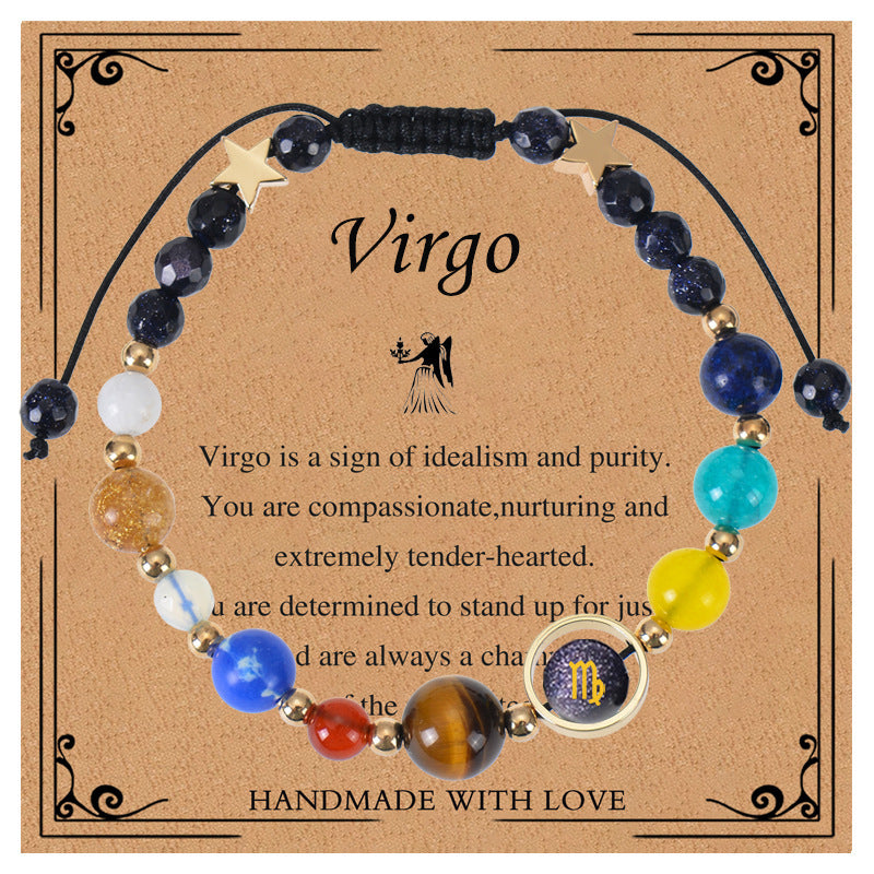 Elegant Geometric Natural Stone Obsidian Crystal Blue Sandstone Bracelet Unisex Zodiac Galaxy Universe Star Beaded Bracelet