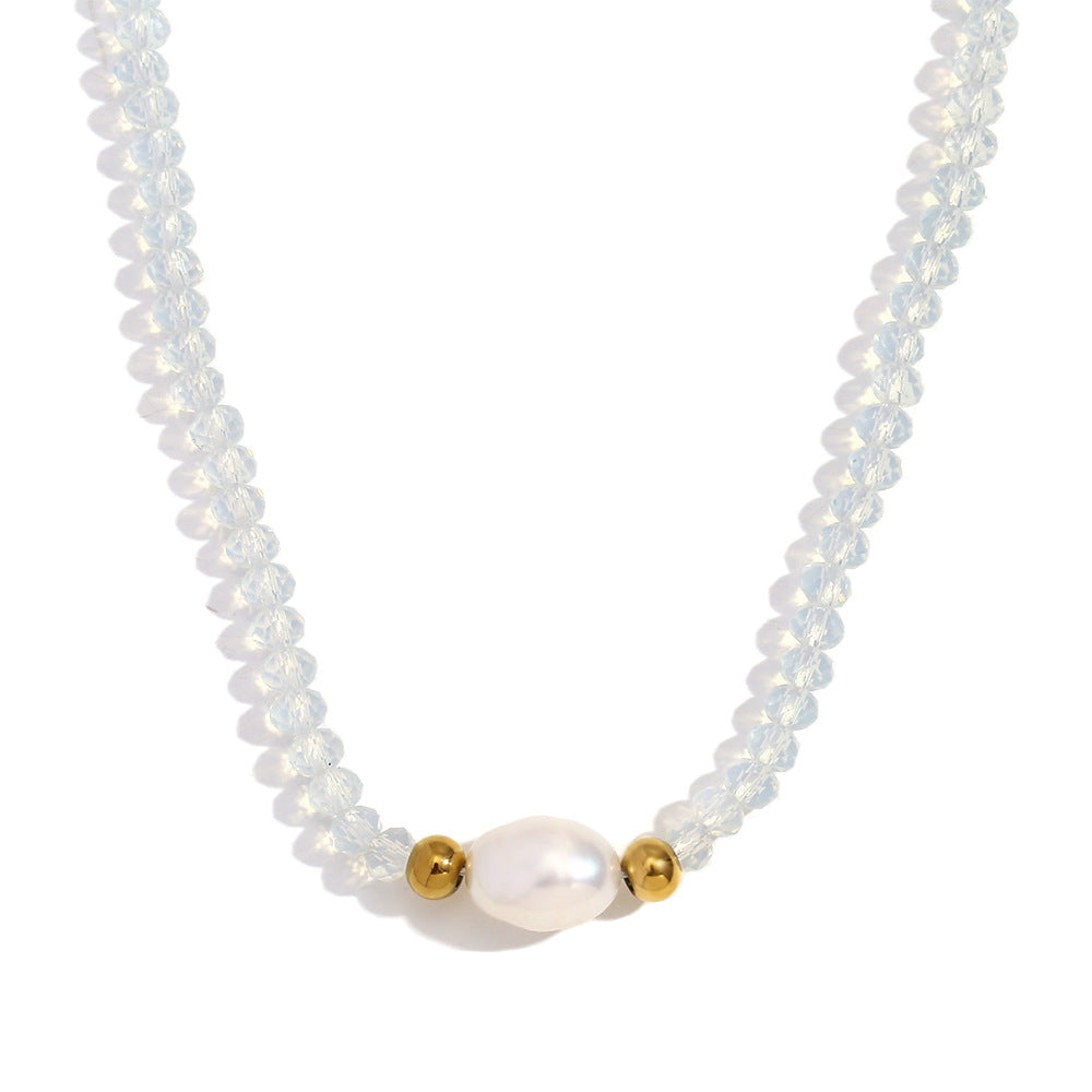 Fashionable Vintage Geometric Stainless Steel Pendant Necklace with Freshwater Pearl and Light Crystal Beads for Women