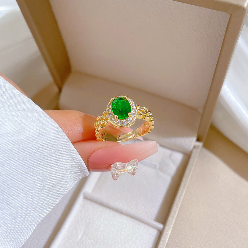 Anello regolabile in ottone con smeraldo a forma di corona "Kawaii Fresh and Sweet" da donna