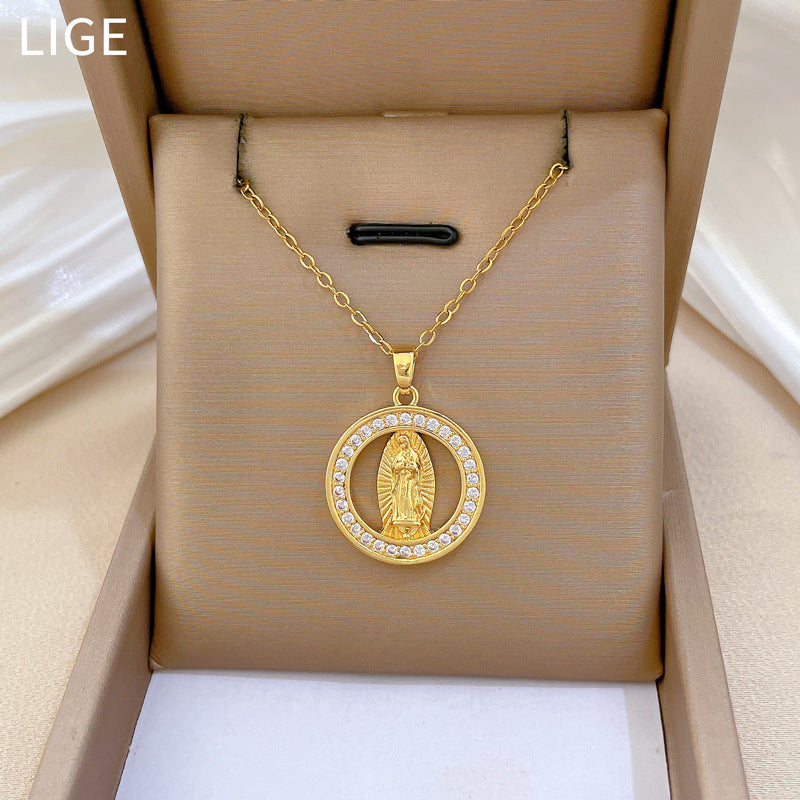 Sweet Round Animal Portrait Rhinestone Pendant Titanium Steel Necklace for Unisex