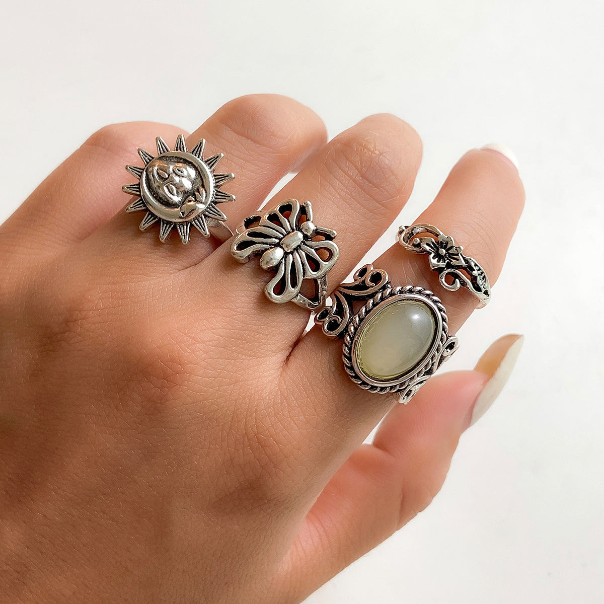 Vintage Bohemian Butterfly Engraved Alloy Ring Set for Women with Antique Finish and Geometric Animal Design