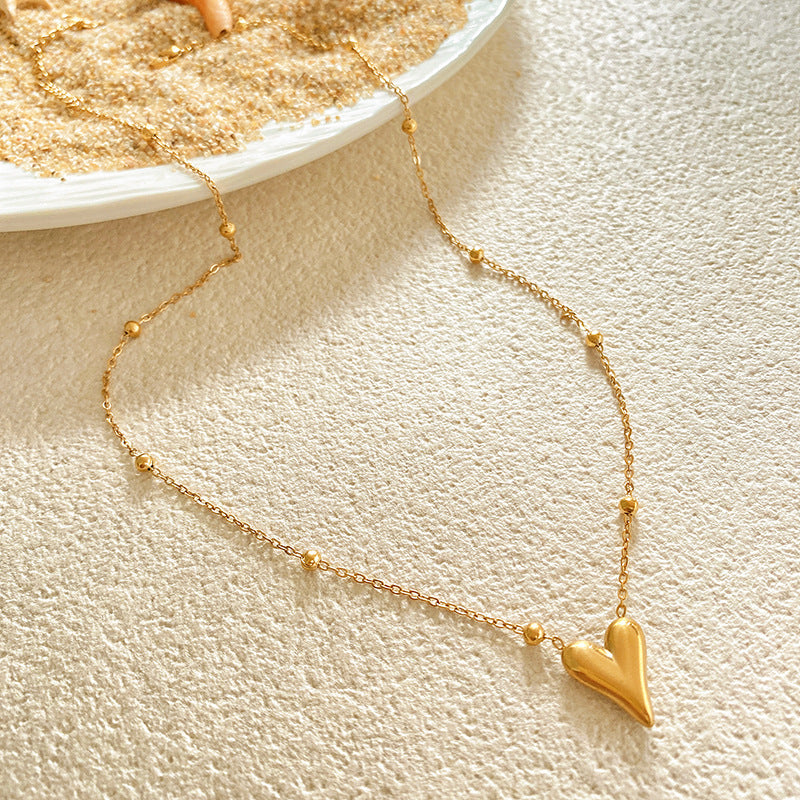 Minimalist Titanium Steel Heart Pendant Necklace with Beads