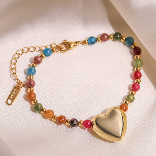 Pulsera de cuentas de acero inoxidable con forma de corazón a la moda para mujer con acabado chapado y detalles de cristal irregulares