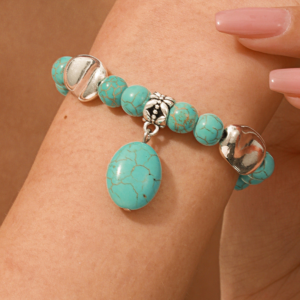 Vintage Ethnic Geometric Turquoise Beaded Bracelet with Cross Starfish Turtle and Eye Charms for Unisex