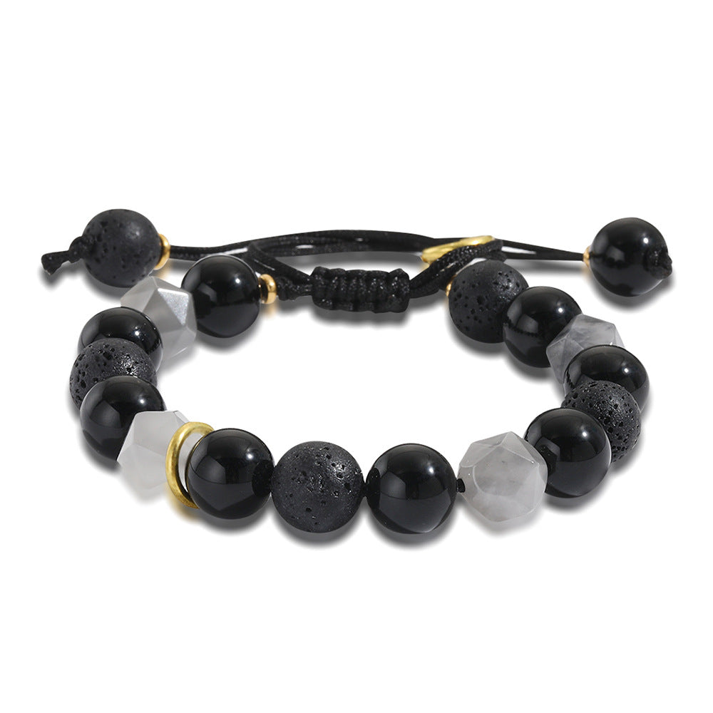 Men's Handmade Adjustable 10mm Faceted Black Volcanic Stone Beaded Bracelet
