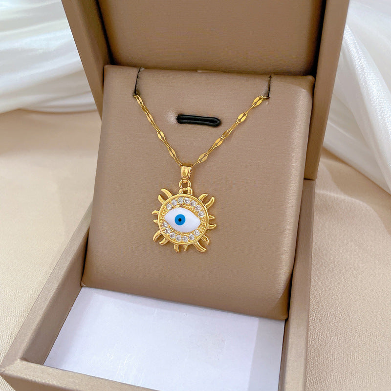 Collar con colgante de ojo turco geométrico minimalista para mujer y hombre, cadena de serpiente de acero inoxidable con incrustaciones de diamantes de imitación