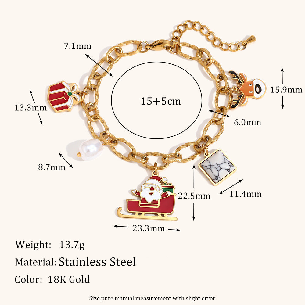 Pulsera de moda con colgante de Papá Noel para mujer, de acero inoxidable con chapado en oro de 18 quilates, diseño de eslabones hecha a mano