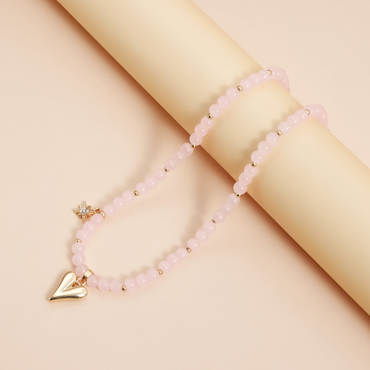 Pink Heart Geometric Beaded Necklace ABS Alloy Plated Pendant for Women