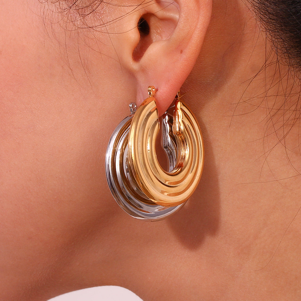 Orecchini a Cerchio Vuoti Geometrici Minimalisti in Acciaio Inossidabile da Donna con Placcatura in Oro 18K e Texture Circolare