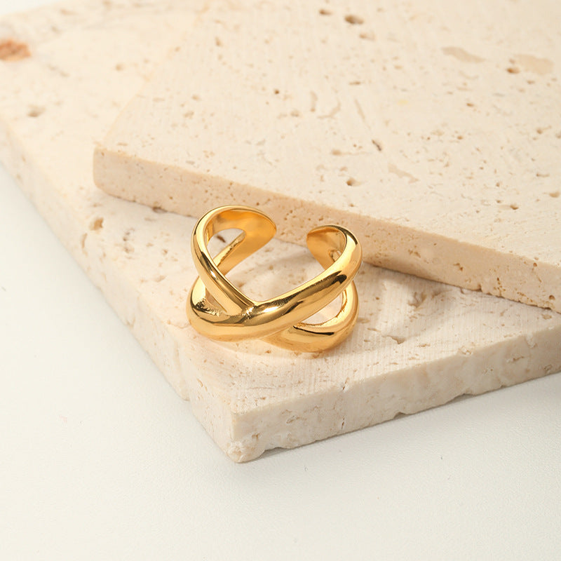 Anello a croce geometrica in acciaio inossidabile placcato oro 18 carati da donna, con fascia aperta regolabile alla moda