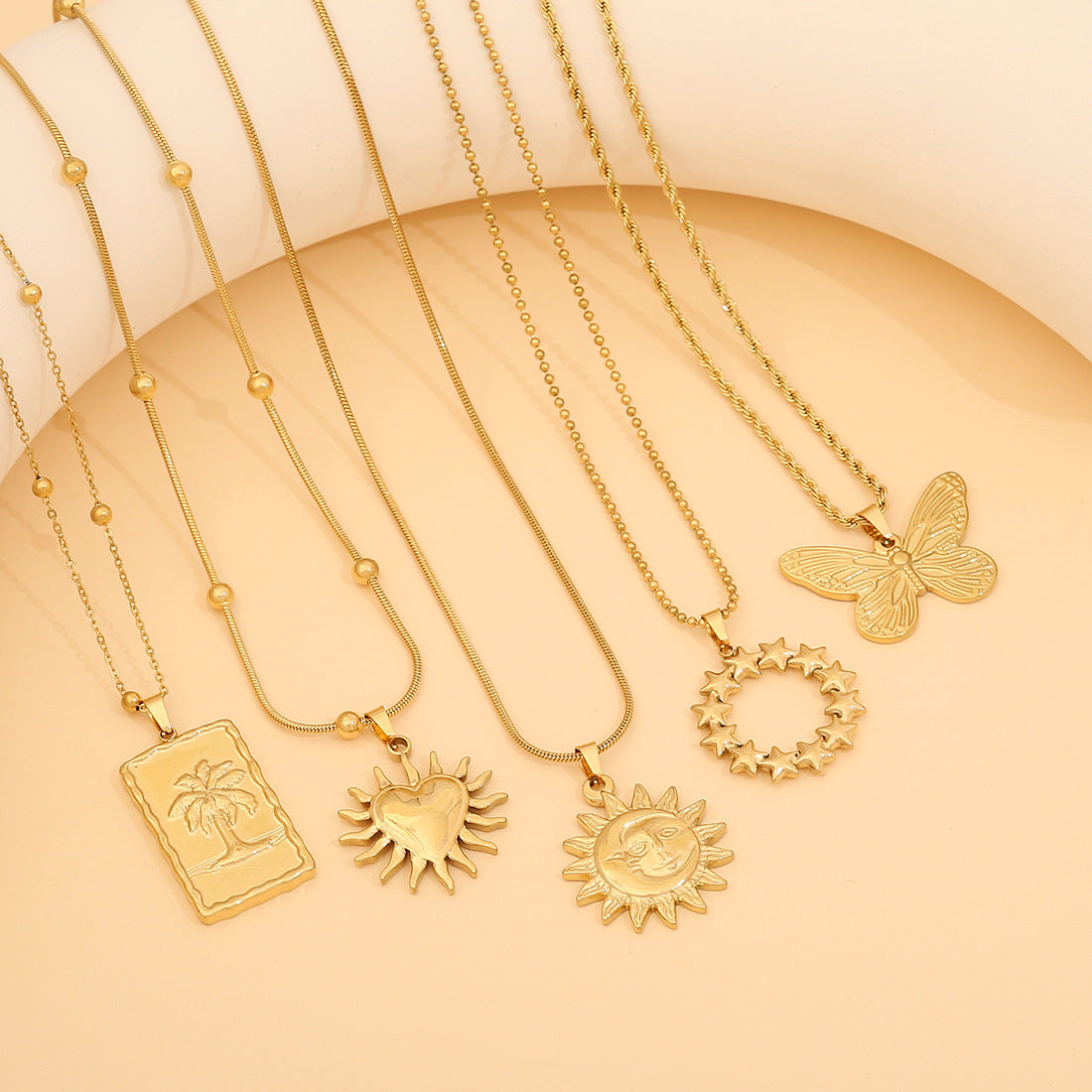 Fashionable Heart-Shaped Sun and Butterfly Floral Stainless Steel Pendant Necklace for Women