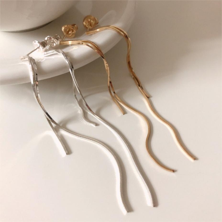Pendientes Largos de Cadena Fina Minimalistas para Mujer de Plata de Ley 925 con Acento Geométrico de Cuentas y Acabado Pulido