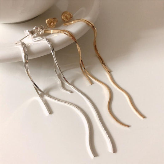 Minimalist Long Snake Chain Earrings for Women in 925 Sterling Silver with Geometric Beaded Accent and Polished Finish