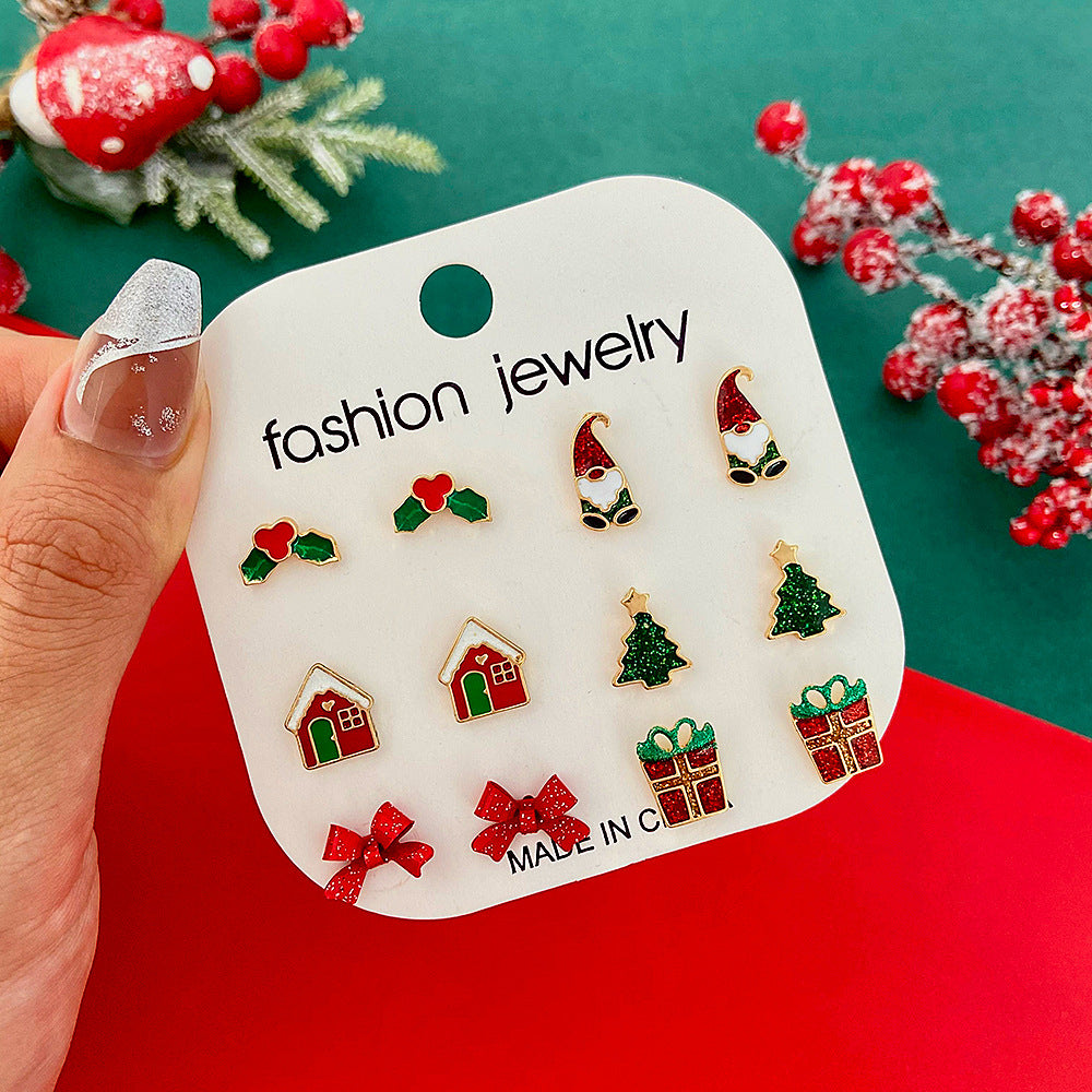 Juego de pendientes navideños para mujer con dijes esmaltados de Papá Noel y árbol, aretes de aleación con postes de oro de 14 quilates