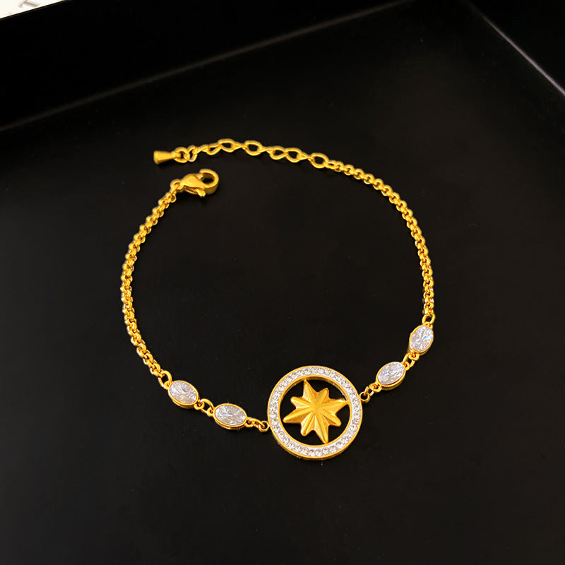 Minimalist Elegant Hollow Round Eight-Pointed Star Rhinestone Inlay Titanium Steel Bracelet for Women