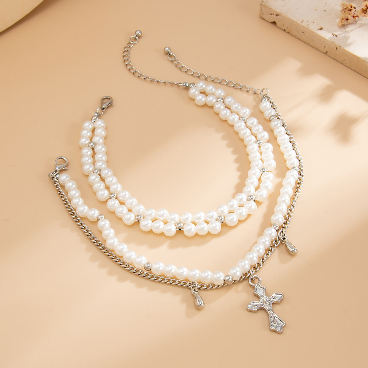 Minimalist Faux Pearl Double Layer Cross Anklet Alloy Chain Leg Jewelry for Women