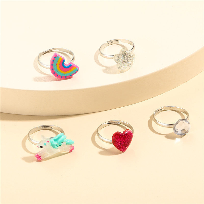 Anello in resina regolabile per bambini Unicorno Cartone Animato con forma a cuore e fantasia arcobaleno