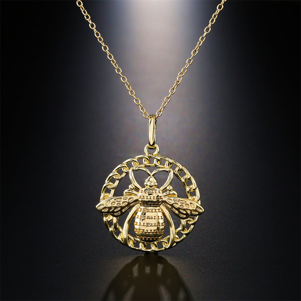Vintage Bohemian Geometric Bee Gold Plated Brass Necklace with Cubic Zirconia Inlay Cable Chain