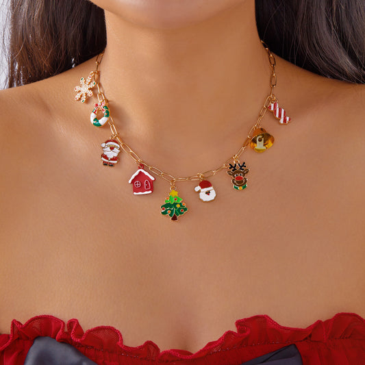 Collana con ciondolo in lega a tema natalizio e set bracciale con motivi a fiocco di neve e Babbo Natale, finitura smaltata, gioielli casual da donna