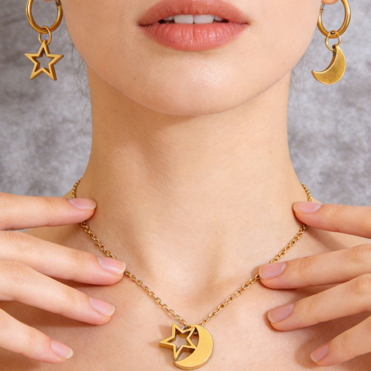 Minimalist Star Moon Stainless Steel and Titanium Steel Necklace and Earring Set with Cable Chain