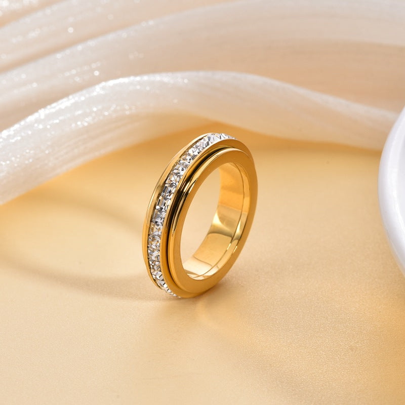 Anello girevole a doppia fascia in acciaio al titanio con zirconi cubici quadrati, design geometrico, anello alla moda per l'ufficio, per coppie