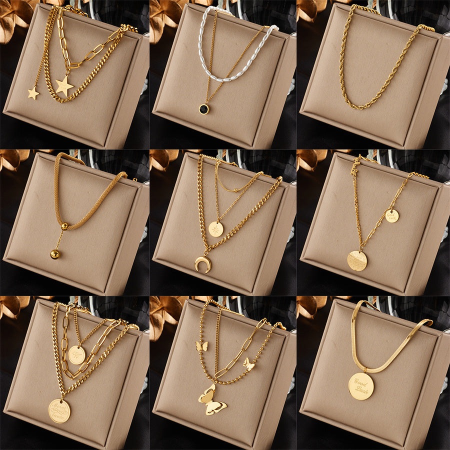 Fashionable Vintage-Inspired Titanium Steel Necklace with Star Moon and Round Pendant on Chain