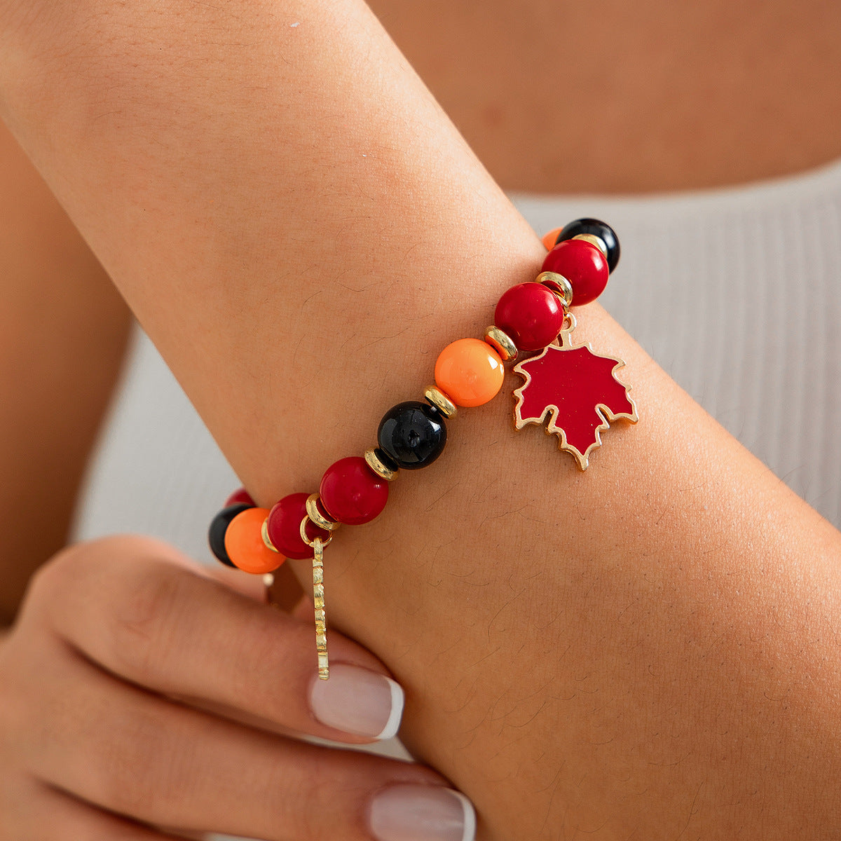 Plated Alloy Leaf Letter Acrylic Bead Bracelet for Women