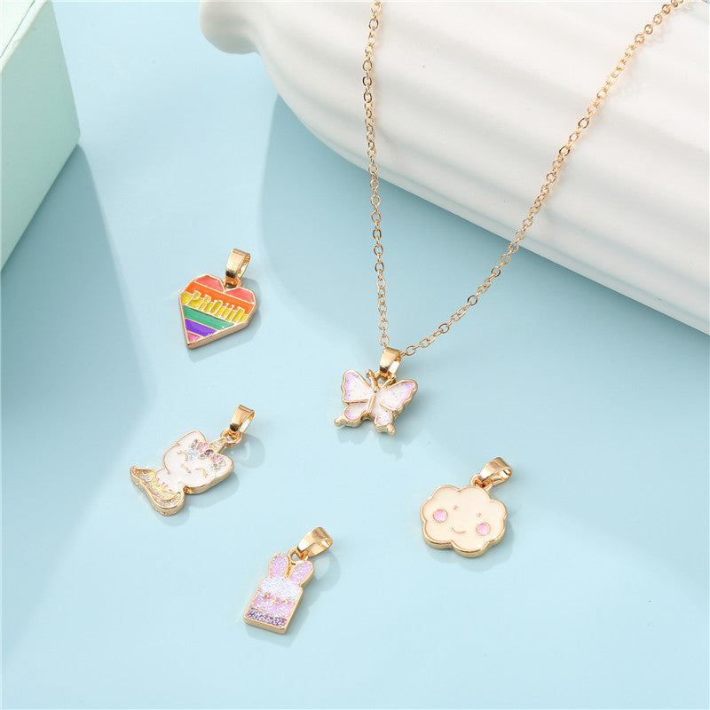 Collana con ciondolo a farfalla a forma di animale cartone animato, in lega, con smalto a goccia e catena a maglie, per bambini