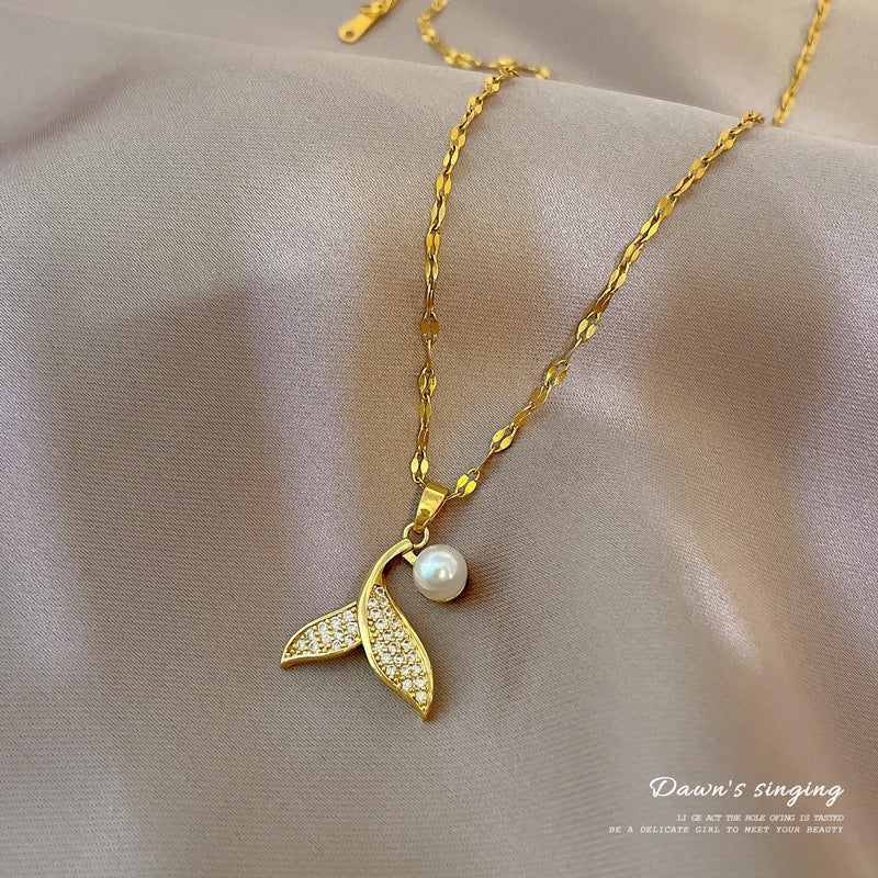 Geometric Pearl Pendant Necklace for Women in Titanium Steel with Micro-Pavé Rhinestones, Delicate Clavicle Chain
