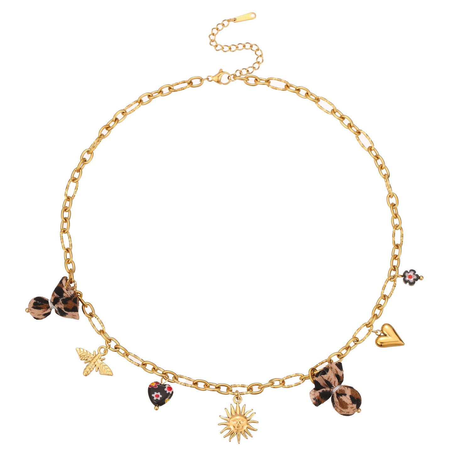 Collana con ciondolo floreale a cuore con stampa leopardata alla moda in acciaio inossidabile con finitura placcata da donna