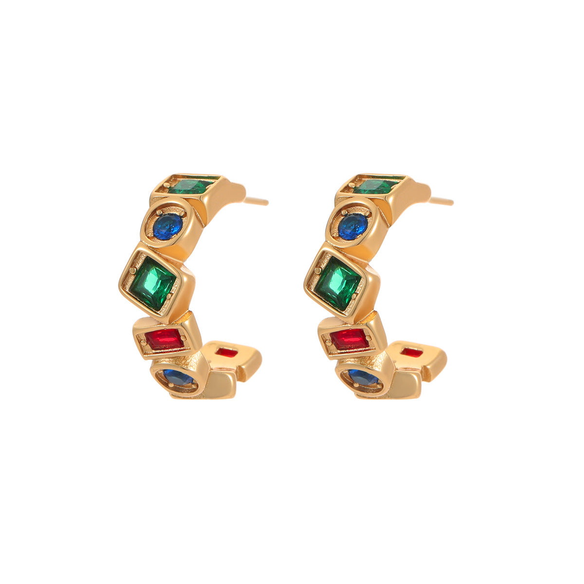 Vintage French-Style Geometric Stainless Steel Earrings with 18K Gold Plating and Colored Zircon Accents