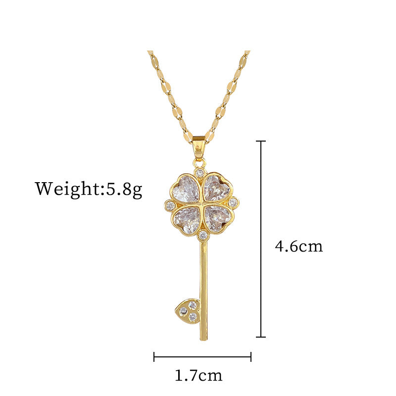 Collar con Colgante de Llave Floral Minimalista para Mujer y Hombre con Cadena de Acero de Titanio y Detalles de Diamantes de Imitación